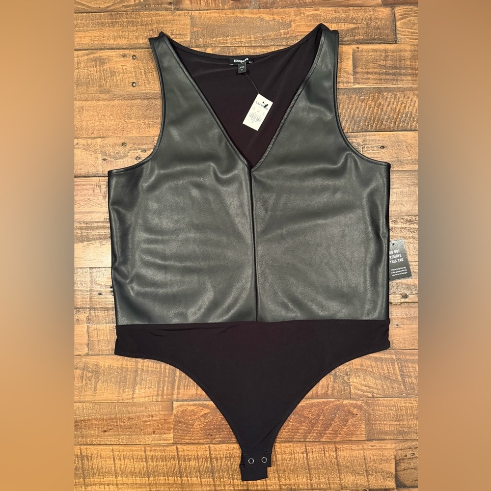 Express Black Faux Leather vneck Women's Bodysuit XL